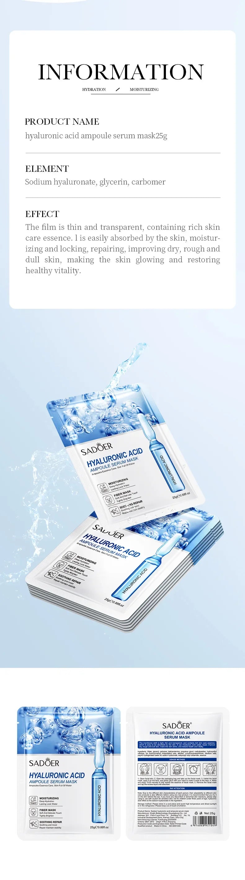 Hyaluronic Acid Facial Mask, Firming Hydrating Moisturizing Face Mask